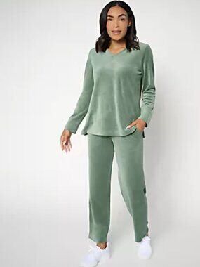 Denim & Co. Active Regular Velour Top & Straight Leg Pants Set Blue Size L NWOT